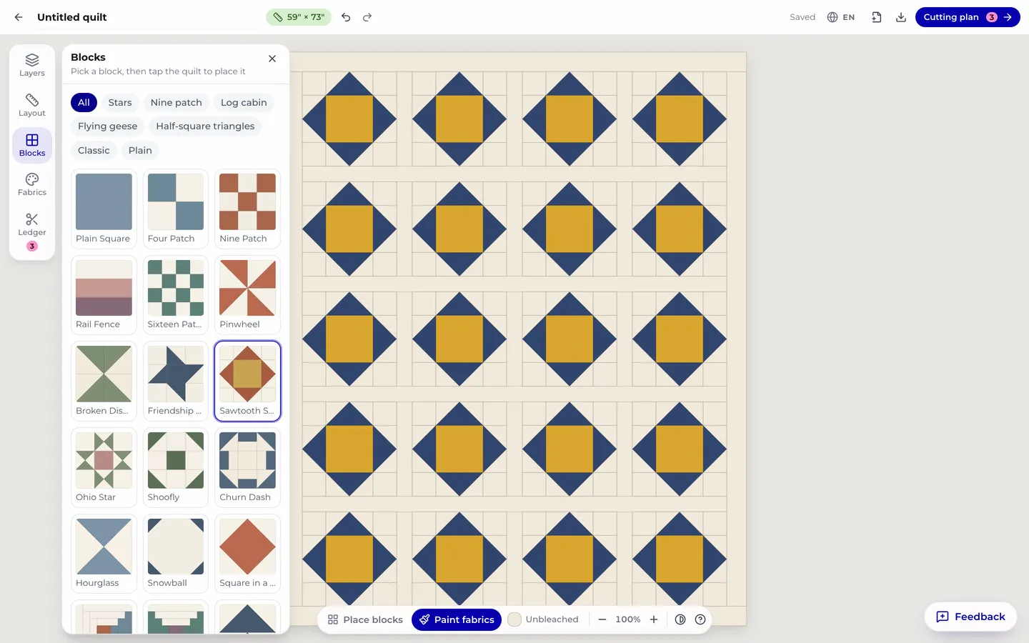 The block library open beside a sawtooth star quilt, showing thumbnails for plain square, four patch, nine patch, rail fence, pinwheel and more