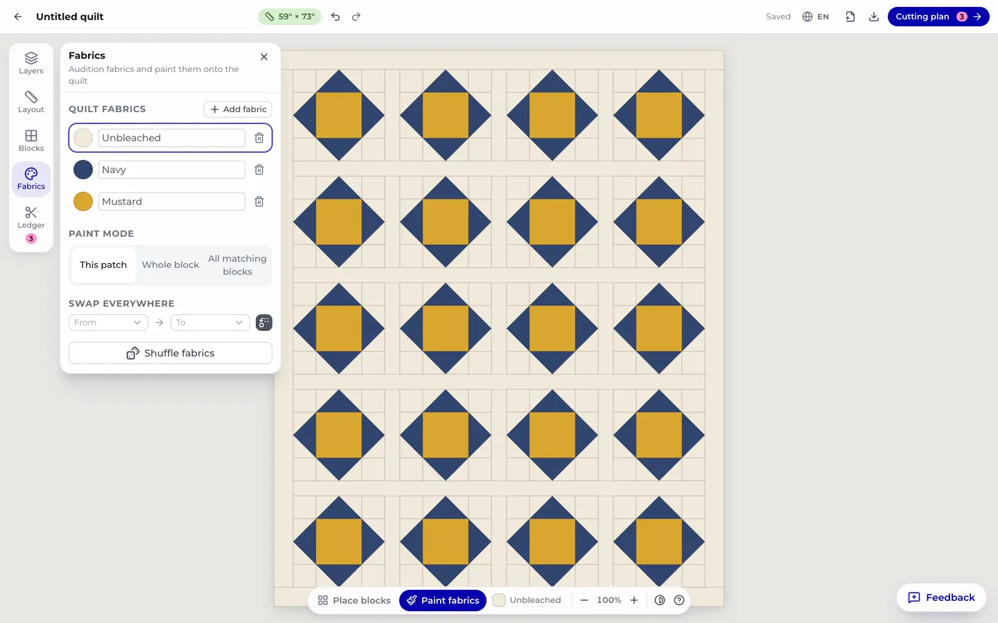 The fabrics panel with the quilt's palette, paint mode options, swap everywhere, and shuffle