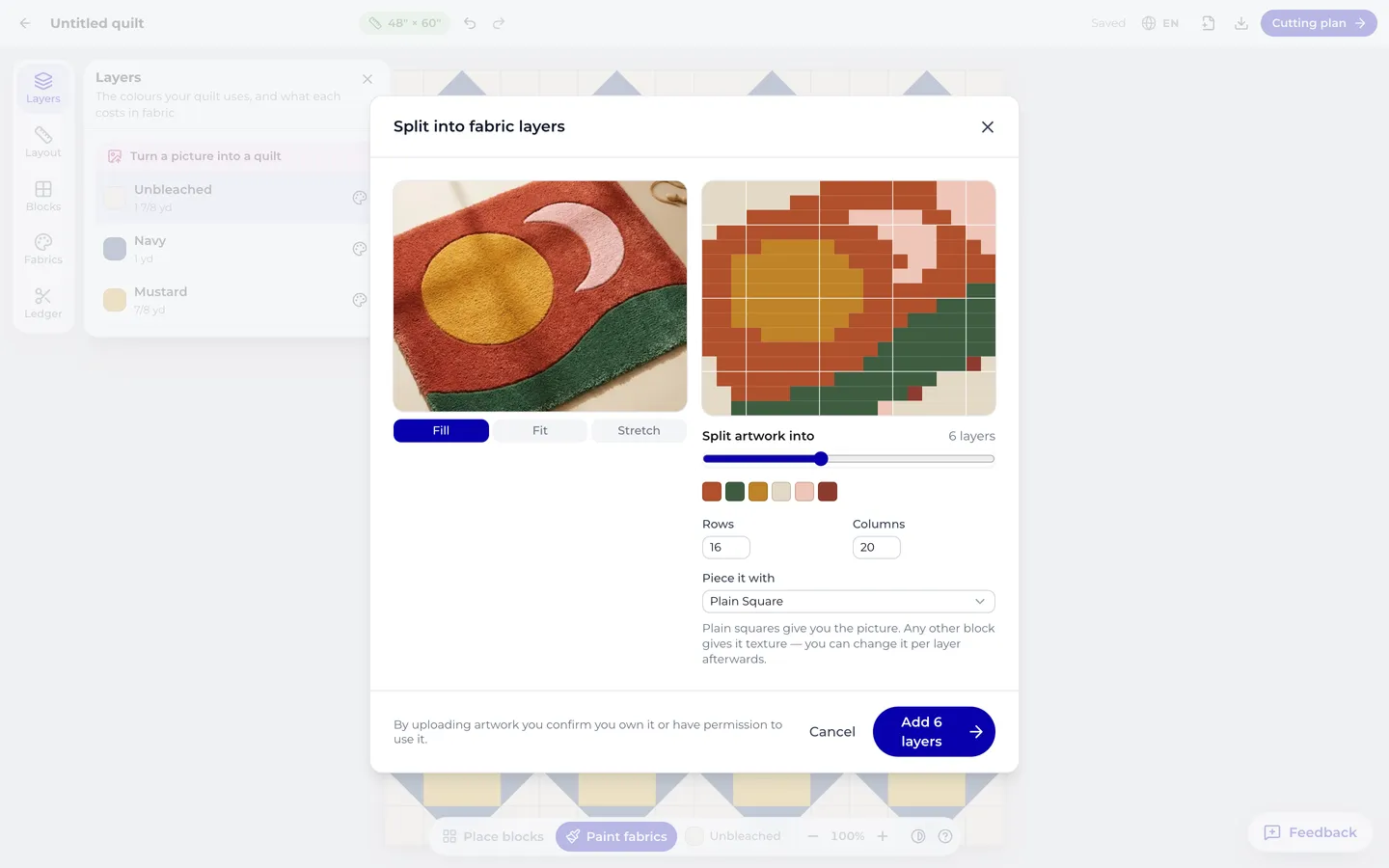 The import dialog showing a photograph on the left and its pieced quilt preview on the right, with a slider for the number of fabric layers