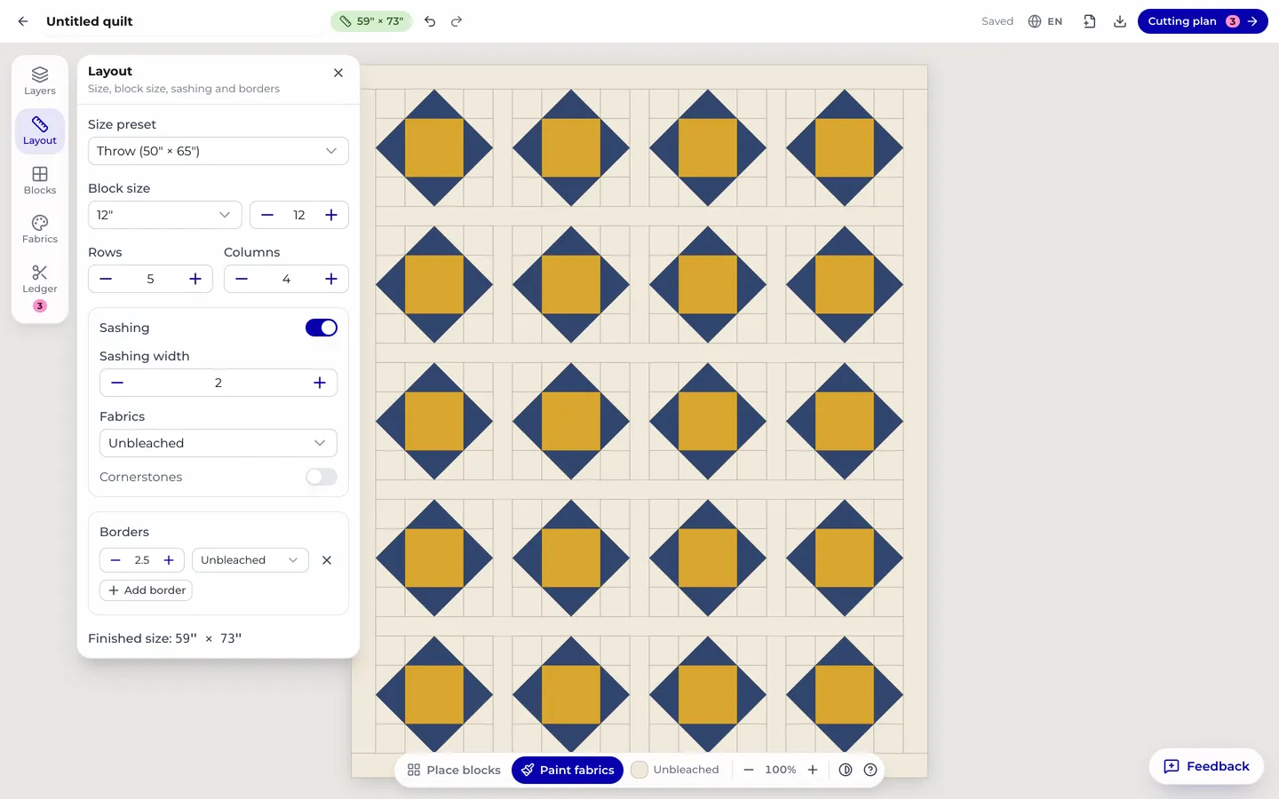 The layout panel with size preset, block size, rows and columns, sashing width and fabric, cornerstones, and a border round