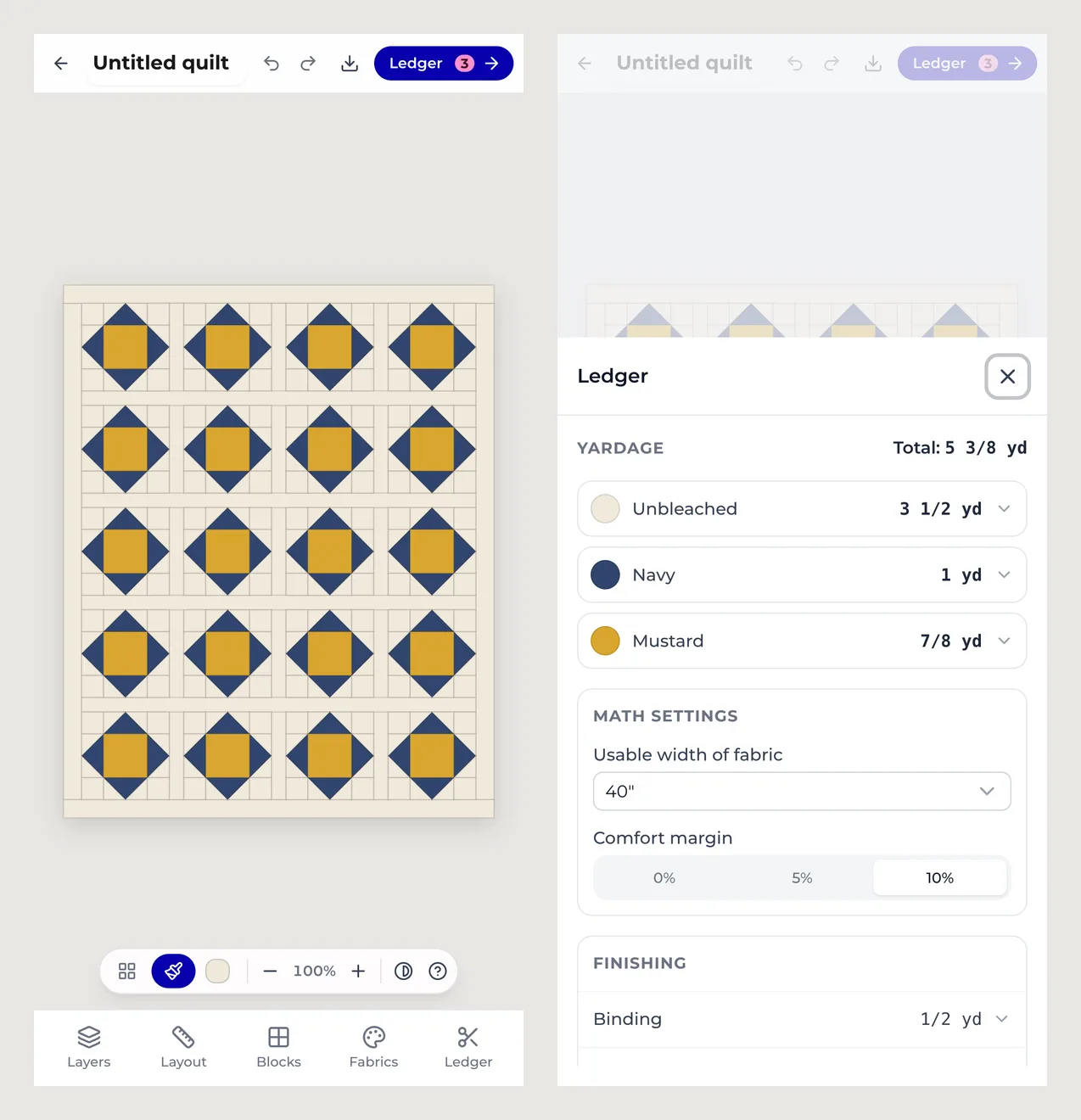 The quilt designer on a phone: the quilt filling the screen with a tool strip along the bottom, and the cutting plan open as a bottom sheet