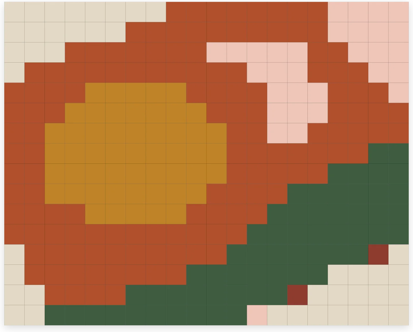A quilt design of a sun, a crescent moon and a green hill, pieced in rust, ochre, blush and pine