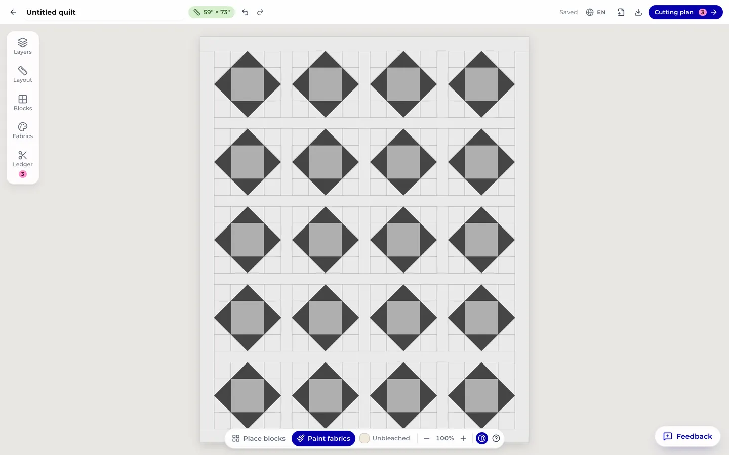 The same quilt rendered in grayscale, with the value check toggle active