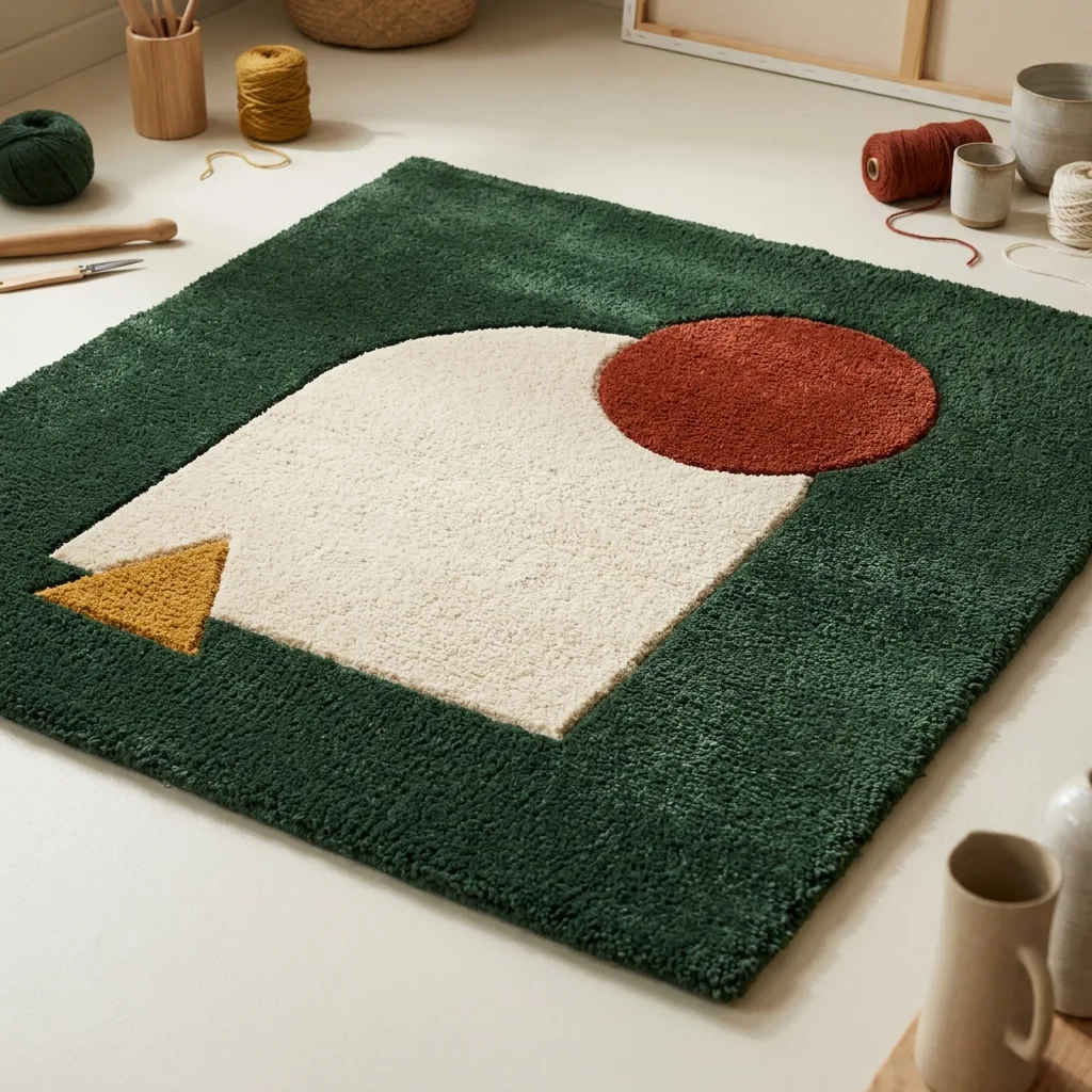 A deep green tufted rug with a cream arch and rust circle