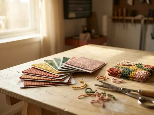 Yarn swatch cards fanned out on a workbench beside a small tufted sample and carpet scissors